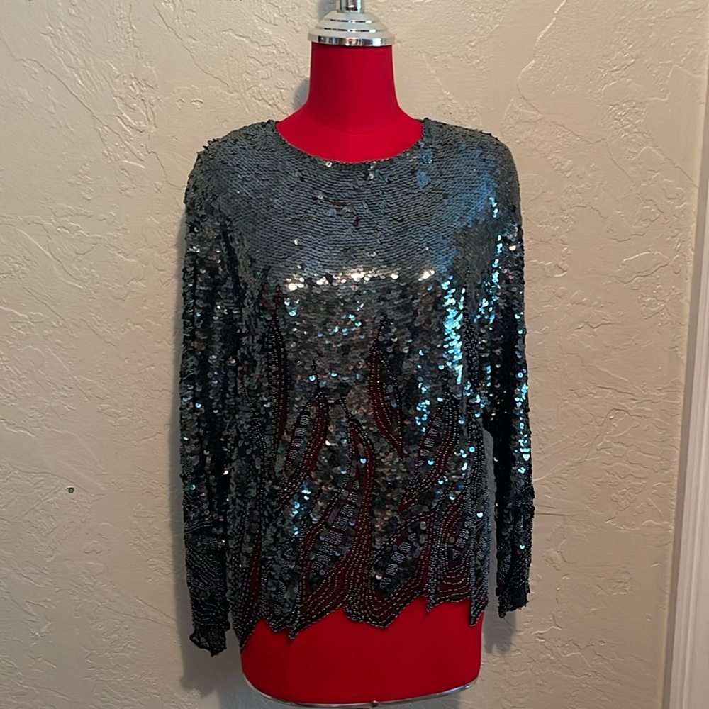 Oleg Cassini Vintage Sequin Long Sleeve Dress Up Top